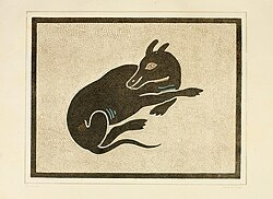Woodcut illustration of a resting fawn